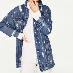 Zara Distressed Mid Length Oversized Denim Jacket